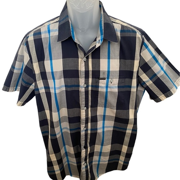 VOLCOM Stone Skate Blue & Gray Plaid Short Sleeve Collared Shirt Men L Large - Picture 1 of 6